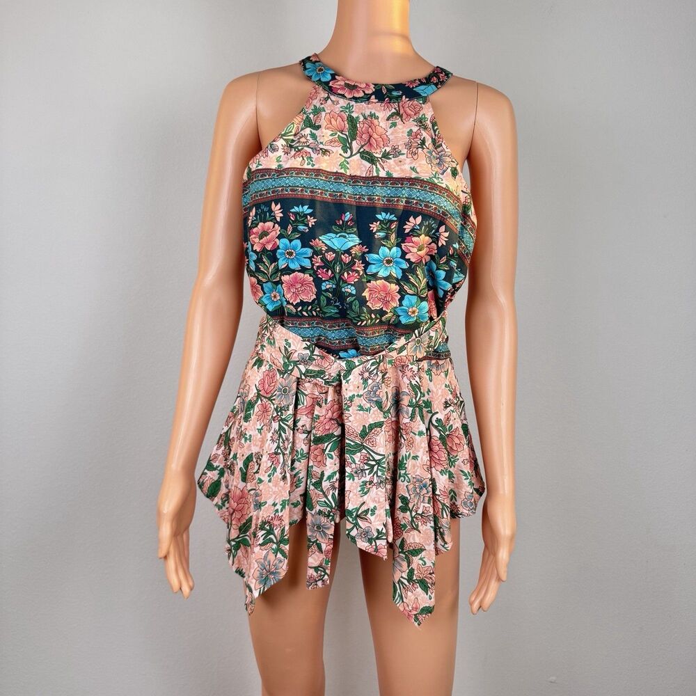 Lulumari Halter Floral Handkerchief Top Boho Festival Backless Lined Sz L